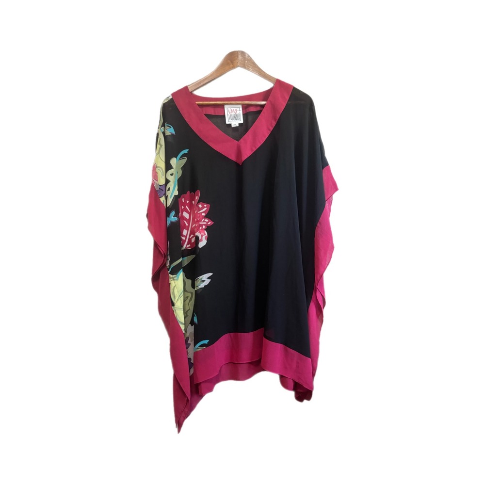 Very Vollbracht Kaftan Top Womens 3X Black Pink Excellent Floral Chiffon V-Neck